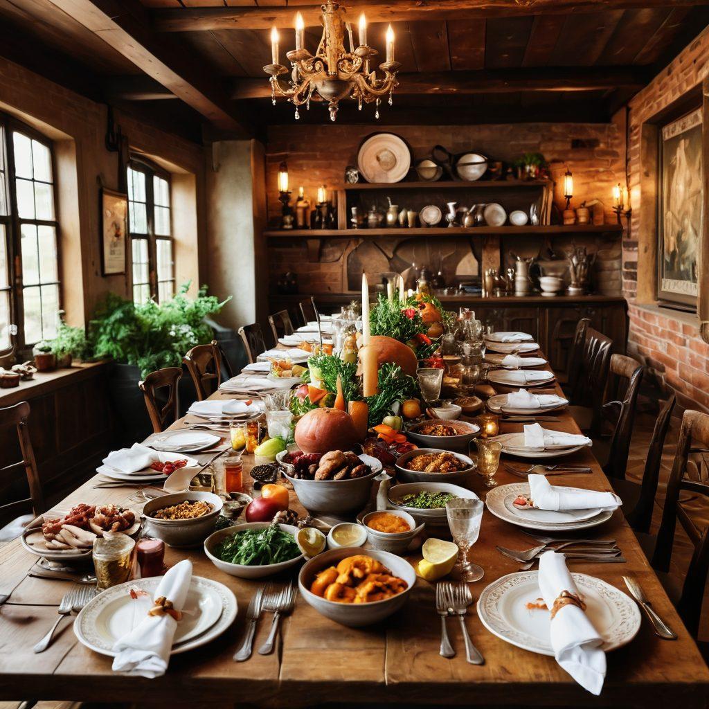 A beautifully arranged banquet table featuring an array of historical dishes from different cultures, with vibrant spices and colorful garnishes. Surround the table with traditional dining artifacts, like ornate cutlery and vintage goblets, set in a rustic, warm-toned room with exposed wooden beams. Include elements of time, like an hourglass or clock, subtly integrated into the scene. The ambiance should evoke nostalgia and curiosity about ancient dining traditions. super-realistic. warm colors. vintage style.