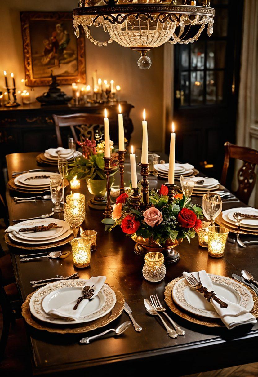A beautifully set vintage dining table featuring dishes inspired by different historical eras, with intricate details like ornate cutlery and elegant glassware. Surround the table with diverse peoples from various historical periods enjoying the meal, enveloped by a soft glow of candlelight. Include elements like ancient scrolls and historic cookbooks scattered around to evoke a sense of nostalgia and learning. super-realistic. warm colors. elegant ambiance.