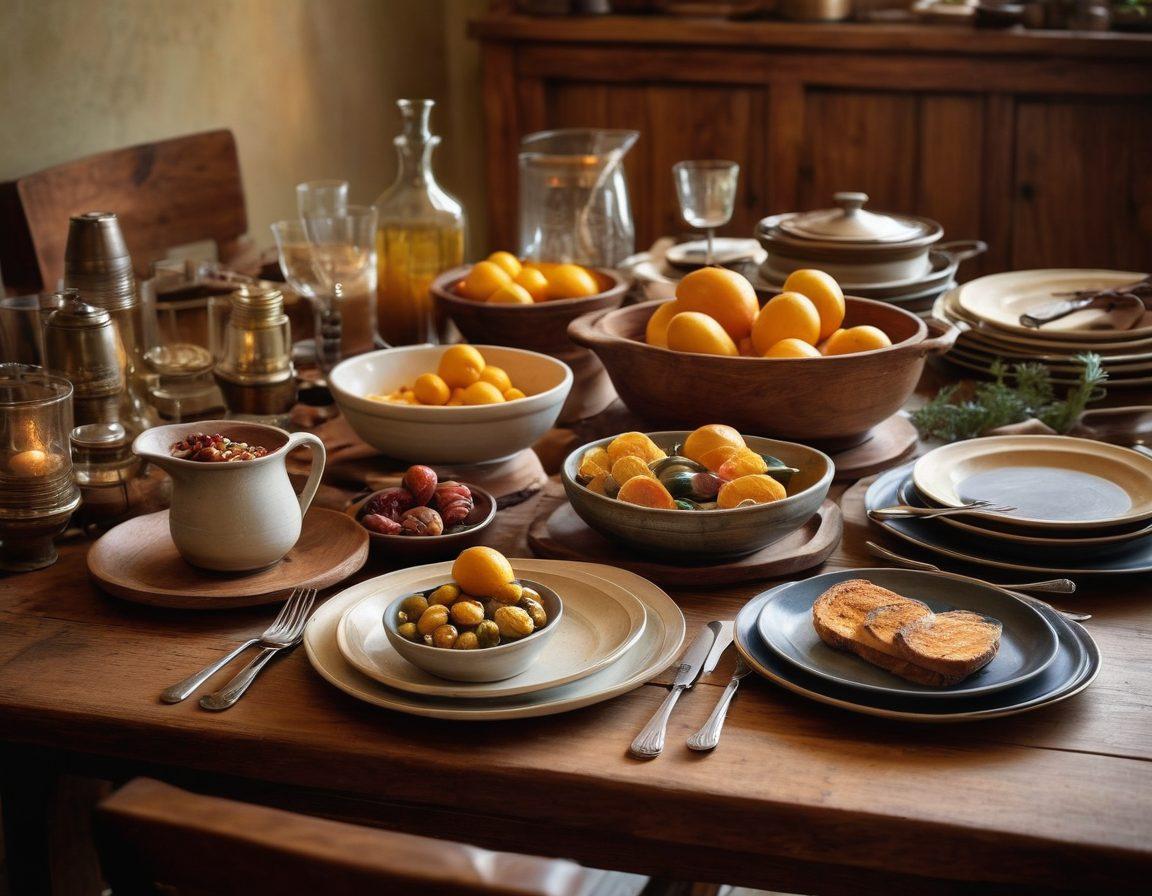 A beautifully arranged dining table showcasing a historical evolution of food service, blending rustic wooden elements with elegant modern tableware. Include vintage kitchen tools, a lavish feast, and diverse serving styles across different eras. Add subtle time-travel hints with clock motifs and food from various cultures. Warm, inviting colors and soft lighting to enhance the ambiance. super-realistic. vibrant colors. painterly texture.